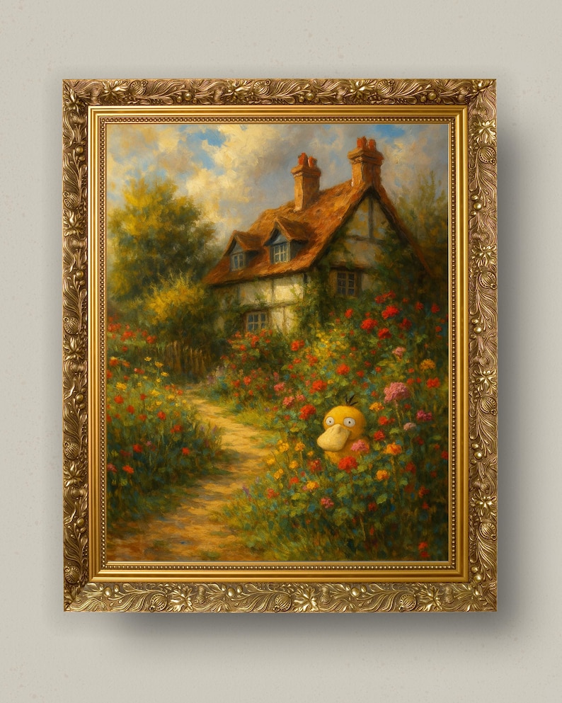 Op de afbeelding: Een ingelijst schilderij van een huisje met een rood pannendak, omringd door kleurrijke bloemen. Een geel stripfiguur piekt uit de bloemen. Het schilderij zit in een gouden, sierlijke lijst.