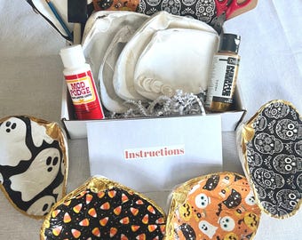 Halloween DIY Clam Shell Decoupage Set of 4 Kit for Crafting for Kids and Adults Pumpkins Ghost Spiders Art Kit Bonding Activity for Family