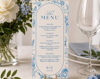Blue Toile Menu Cards: Personalized Wedding Menu Cards Garden Motif