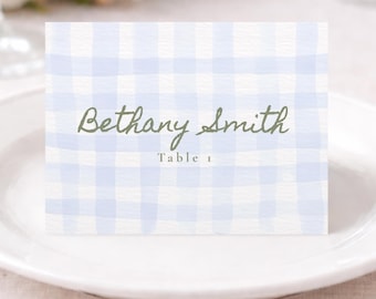 Blue Gingham, Personalized Wedding Table Tents, Coastal Watercolor Seating Cards, Country Club Wedding, Customizable Script Name Event Decor