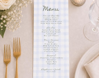 Blue Gingham Menu Cards: Personalized Wedding Menu Cards