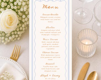 Striped Blue Wavy Border Wedding Menu Cards | Personalized Scalloped Edge for Weddings, Bridal Showers, Coastal Elegant Event Decor