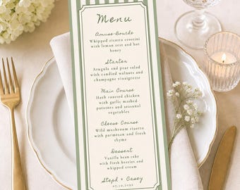 Striped Green Menu Cards: Personalized Wedding Menu Cards