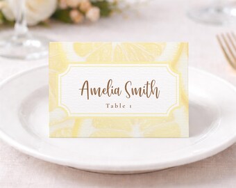 Yellow Citrus Lemon Design Place Cards Bright Yellow Escort Cards Folded Table Tent Name Card Personalized Wedding Seating Card Summer Vibes