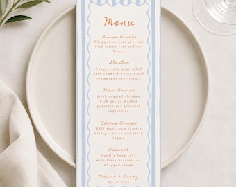 Striped Blue Wavy Border Wedding Menu Cards | Personalized Scalloped Edge for Weddings, Bridal Showers, Coastal Elegant Event Decor