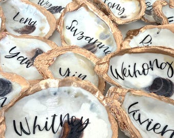 Gold Oyster Shell Place Cards: Beach Wedding Table Decor, Name Holders (2.5-3.5 inches)