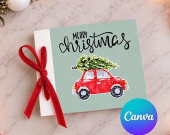 Custom Christmas Gift Card Holder Template | Red Car Christmas Tree Printable | Editable Canva Gift Card Booklet | Personalizable Gift Card
