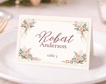 Romantic Floral Personalized Wedding Table Tents Vintage Floral Seating Cards, Soft Blush Hand Drawn Elegant Calligraphy Event Decor