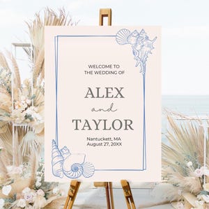 Letrero de bienvenida para boda con conchas marinas en color azul claro, elegante decoración de coral y conchas marinas, póster de bienvenida discreto en varios tamaños.