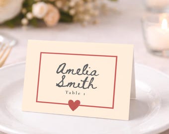 Minimalist Modern Heart Personalized Wedding Place Cards: Table Tents, Chic Neutral Folded Classic Understated Seating Cards Clean Border