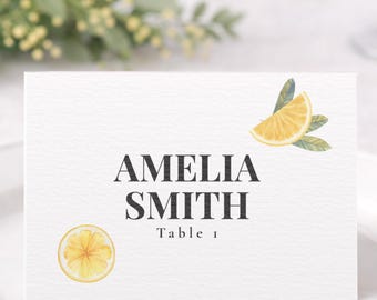 Lemon Wedding Place Cards Personalized Table Tents Amalfi Coast Watercolor Seating Cards Summer Event Decor Mediterranean Wedding Name Cards