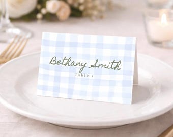 Blue Gingham Customizable Place Card Template Wedding Guest Name Settings Minimalist Wedding Seating Card Modern Trendy Event Seating