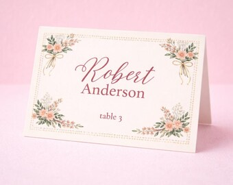 Coquettish Bow Romantic Floral Personalized Wedding Table Tents Vintage Floral Seating Cards, Soft Blush Elegant Calligraphy Event Decor