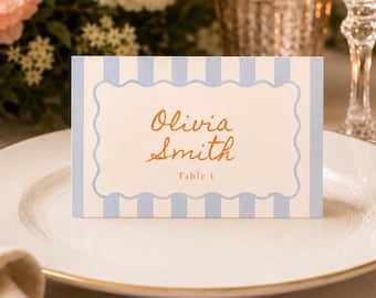 Wavy Border Striped Table Tent Place Card Template Wedding Guest Name Settings Minimalist Wedding Seating Card Modern Trendy Event Seating