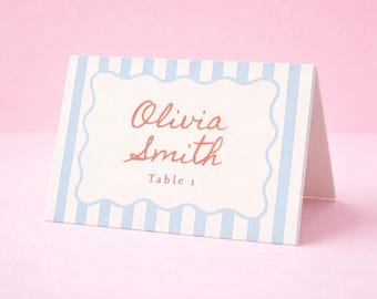Scalloped Edge Striped Blue Wavy Border Table Tent Place Cards: Wedding Guest Name Settings Beach Wedding Seating Card Coastal Style Trendy