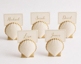 Gold Leaf Clam Shell Place Card Holder: Beach Wedding Table Decor, Coastal Favor
