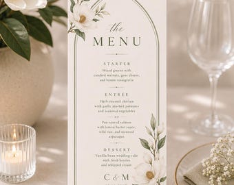 Magnolia Cathedral Arch Menu Cards: Personalized Wedding Menu Cards