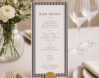 Striped Blue and Orange Menu Cards: Personalized Wedding Menu Cards Editable in Canva