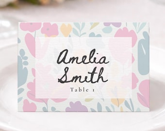 Retro Floral Personalized Wedding Place Cards: Colorful Whimsical Pastel Table Tents, Folded Seating Cards Modern Customizable Name Cards