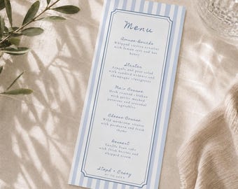 Striped Blue Menu Cards: Personalized Wedding Menu Cards