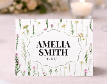 Wildflower Botanical Place Cards: Green Striped Wedding Table Tents Personalized Garden Wedding Place Card Delicate Nature Inspired Wedding
