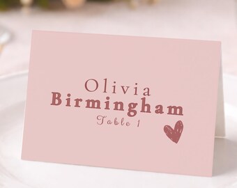 Hand Drawn Heart Personalized Wedding Table Tents Playful Modern Romantic Seating Cards, Hand Drawn Blush Pink Minimalist Trendy Event Decor