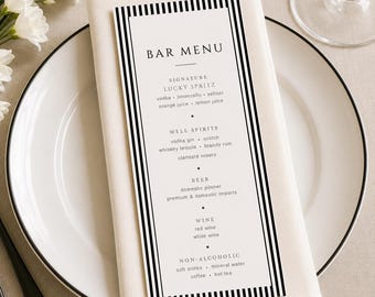 Striped Black and White Menu Cards: Personalized Wedding Menu Cards