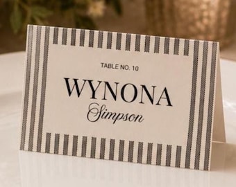 Elegant Black Striped Table Tent Place Card Template Wedding Guest Name Settings Minimalist Wedding Seating Card Modern Trendy Event Seating