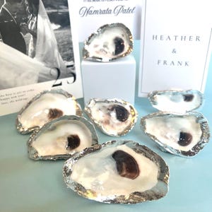May include: Oyster shells with silver rims and a pearlescent interior are displayed on a light blue surface. Some shells are on a white block. Wedding place cards with names are in the background.