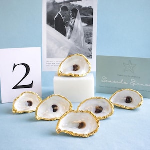 Gold Oyster Shell Place Card Holders – Gilded Beach Wedding Table Decor Sea Shell Place Card Oyster Shell Number Card Holder Luxury Coastal