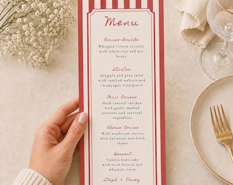 Striped Red Menu Cards: Personalized Wedding Menu Cards