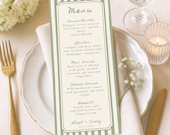Striped Green Menu Cards: Personalized Wedding Menu Cards