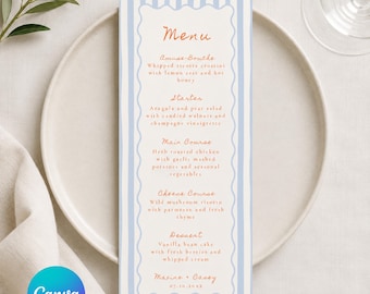 Striped Blue and Orange Menu Cards: Personalized Wedding Menu Cards Editable in Canva