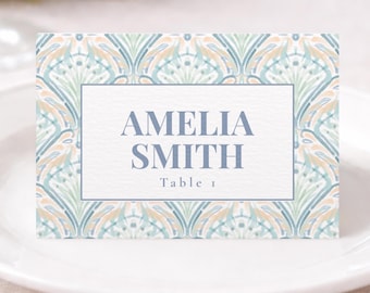 Resort Chic Personalized Wedding Place Cards: Coastal Vintage Water Color Table Tents, Art Deco Green Folded Seating Cards Luxury Name Cards