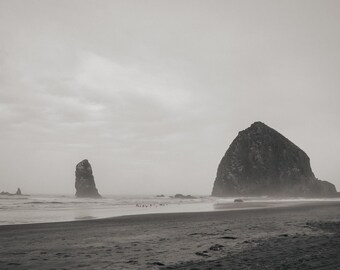 Fotografía de Cannon Beach, costa de Oregón, blanco y negro, fotografía de playa, Haystack Rocks