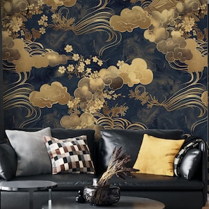 Carta da parati con nuvole e onde blu scuro e oro, carta da parati floreale, murales, carta da parati in vinile di colore scuro, carta da parati staccabile e adesiva, carta da parati in tela