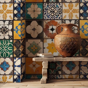 Carta da parati murale con mosaico marocchino etnico, murales boho chic stacca e attacca, rivestimenti con motivi arabi, carte da parati esotiche boho autentiche