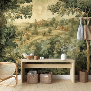 Carta da parati vintage con paesaggio della foresta francese del XX secolo, arazzo verde con pittura a olio, murale con scena di campagna, stacca e attacca