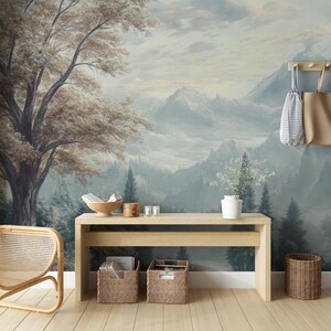 Vintage Forest Landscape Wallpaper, Peel and stick Wall murals, Panoramic Forest Wall Mural, Removable Wallpaper, Vintage Wall Fabric Murals