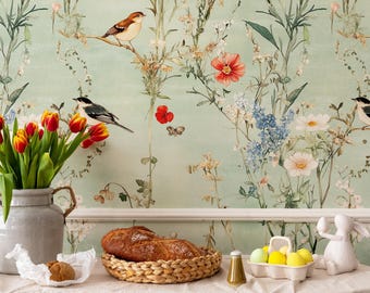 Sage Green Chinoiserie Wallpaper Vintage English Style Wildfloral, Peel and Stick