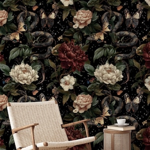 Victorian Botanical Snake Night Wallpaper, Dark Peony wall murals, Removable wallpaper, bathroom for wallpaper,  Butterfly  wallpaper