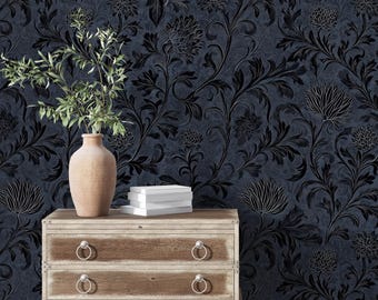 Dark Navy Blue Floral Wallpaper: Moody Vintage Baroque Style