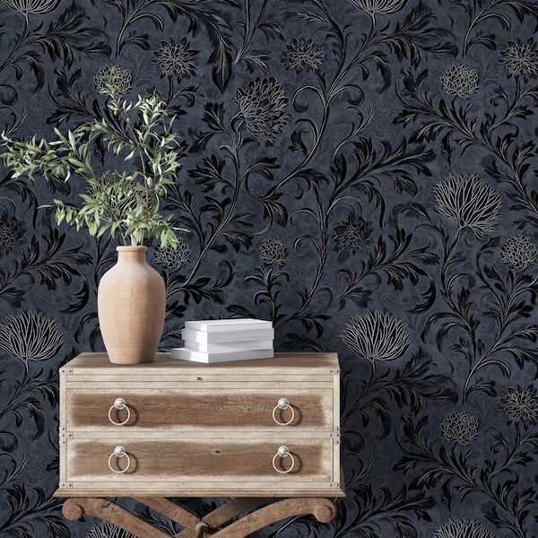 Dark Navy Blue Floral Wallpaper: Moody Vintage Baroque Style