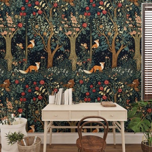 Dark Mystical Forest Wallpaper Murals , Vintage Mushroom Wall murals, Animal Dark Green Tree Vinyl Wallpaper Peel and Stick