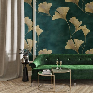 Dunkelgrünes Gold Ginkgo biloba Blumentapeten-Wandbilder, Goldeffektblumen, abnehmbare Tapete, Wandbilder abziehen und aufkleben