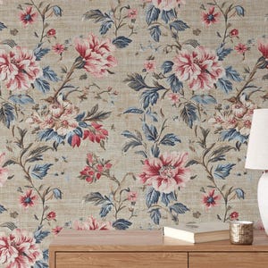 Beige Linen Effect Vintage Pink Floral Wallpaper Murals, Peel and Stick Wallpaper, Pastel Colors Flowers Murals, Livingroom for wallpaper