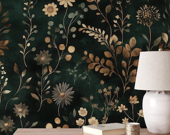 Dark Green Floral Wallpaper Mural: Bohemian Wildflowers, Peel and Stick