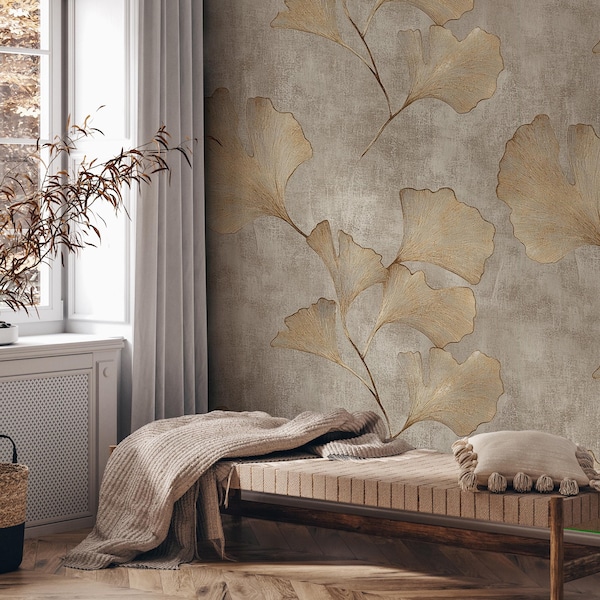 Mural de papel pintado floral beige bohemio: efecto pan de oro, papel pintado extraíble