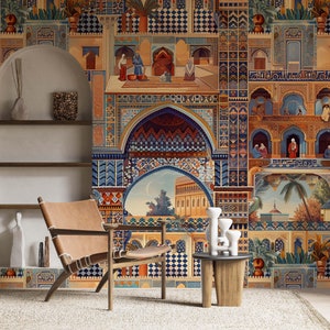 Carta da parati in stile etnico marocchino, arte murale in stile Marrakech, decorazioni murali autentiche, murales da parete Boho,