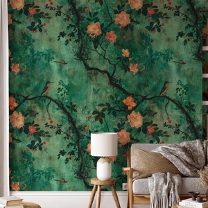 Vintage Green Chinoiserie Floral Wallpaper, Peel and stick Wallpaper, Wall murals,Asian Wallpaper, Flowers wallpaper, Removable wallpaper
